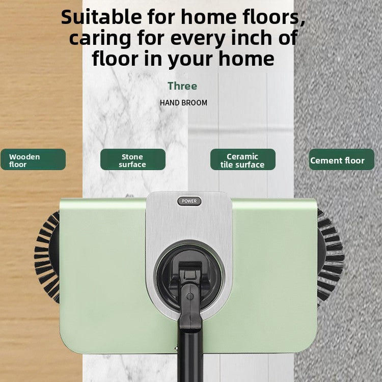 Mop with interchangeable heads on a wooden, stone, ceramic tile, and cement floor background.