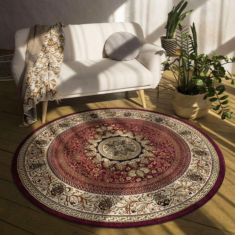 Round decorative rug with intricate patterns in a room with a white sofa and plants.
