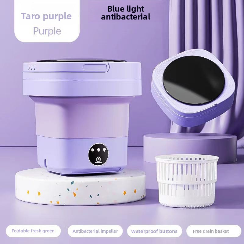 Purple kitchen appliance with features highlighted on a purple background