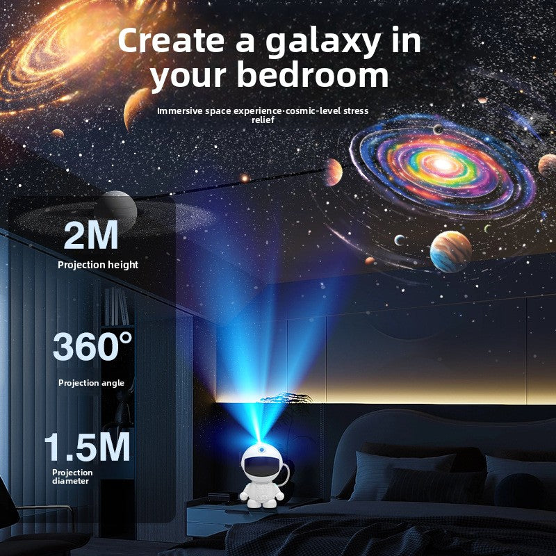 Space-themed projector creating a galaxy effect in a bedroom.