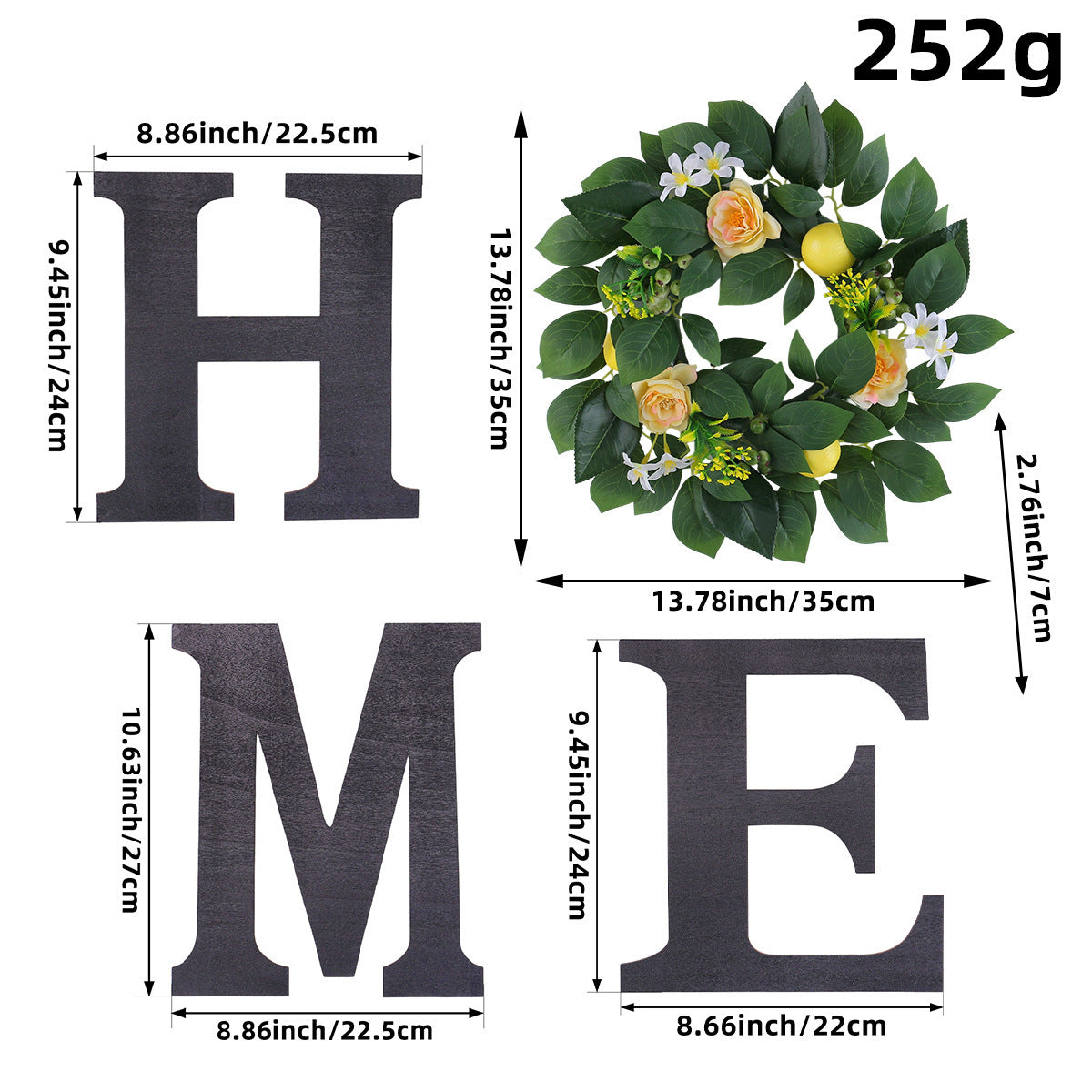 Decorative letters 'H', 'O', 'M', 'E' with a floral wreath and measurements on a white background