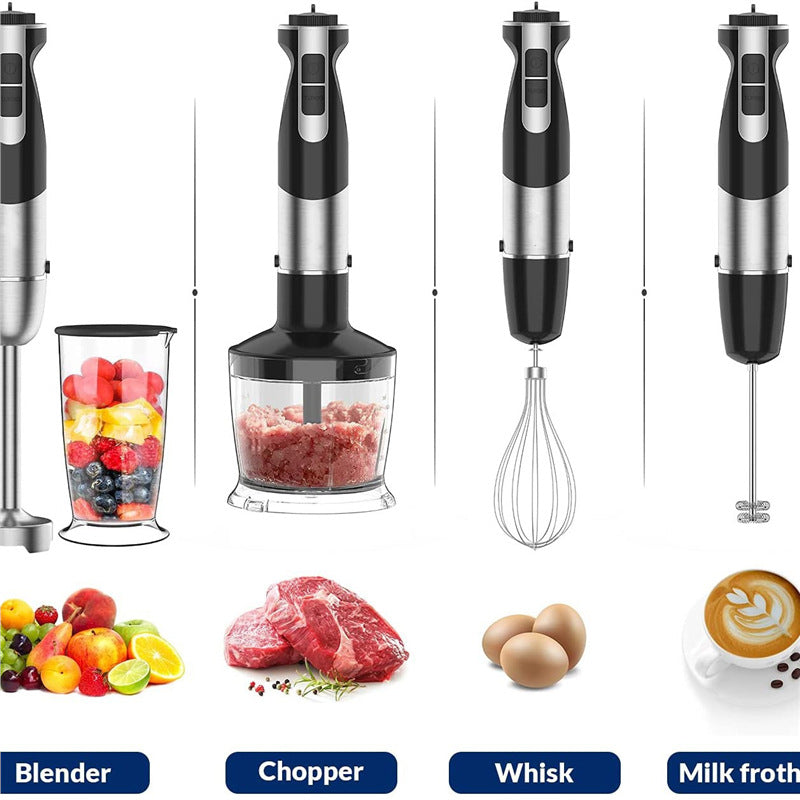Set of four handheld kitchen appliances with different attachments on a white background
