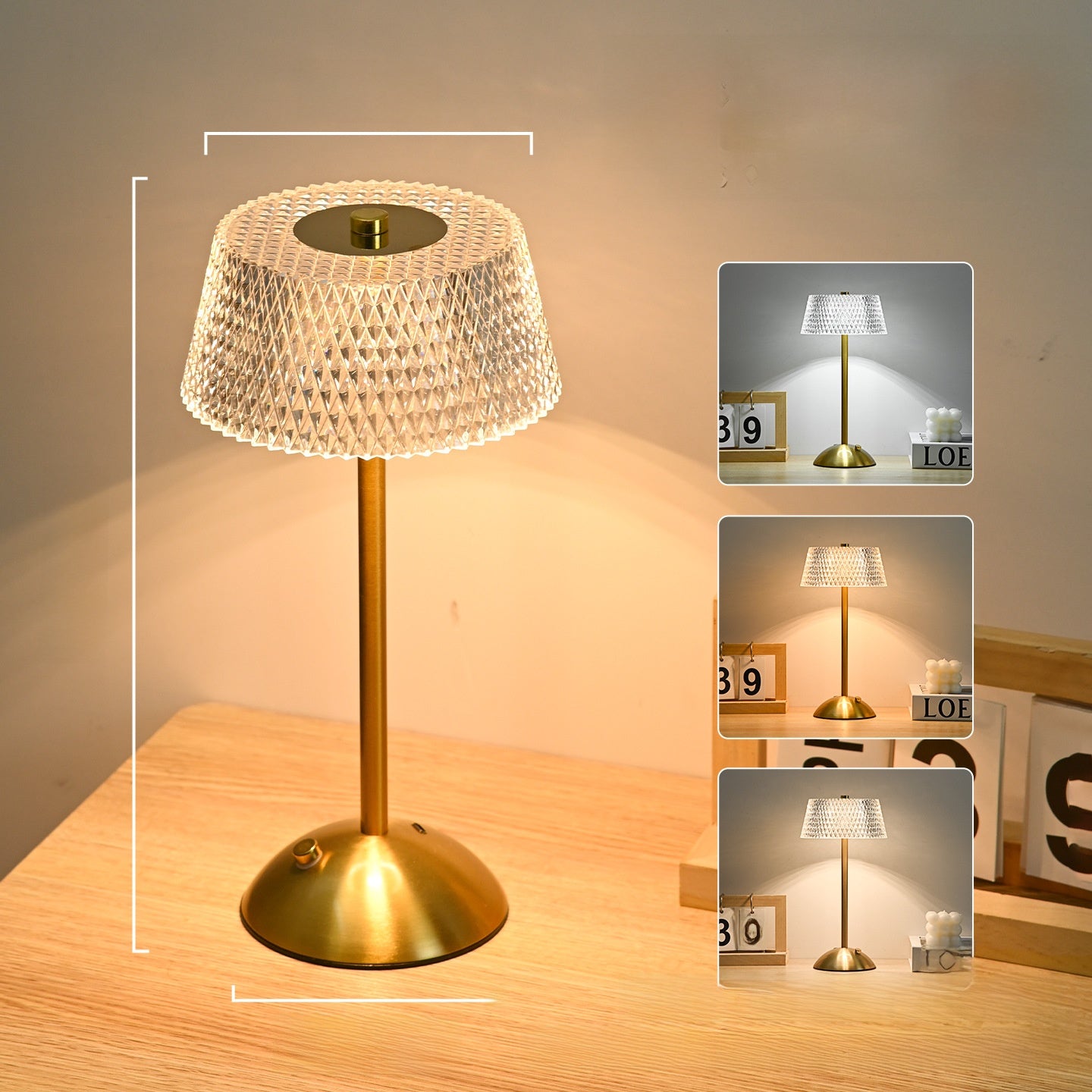 Gold table lamp with textured shade on a wooden surface, surrounded by smaller inset images.
