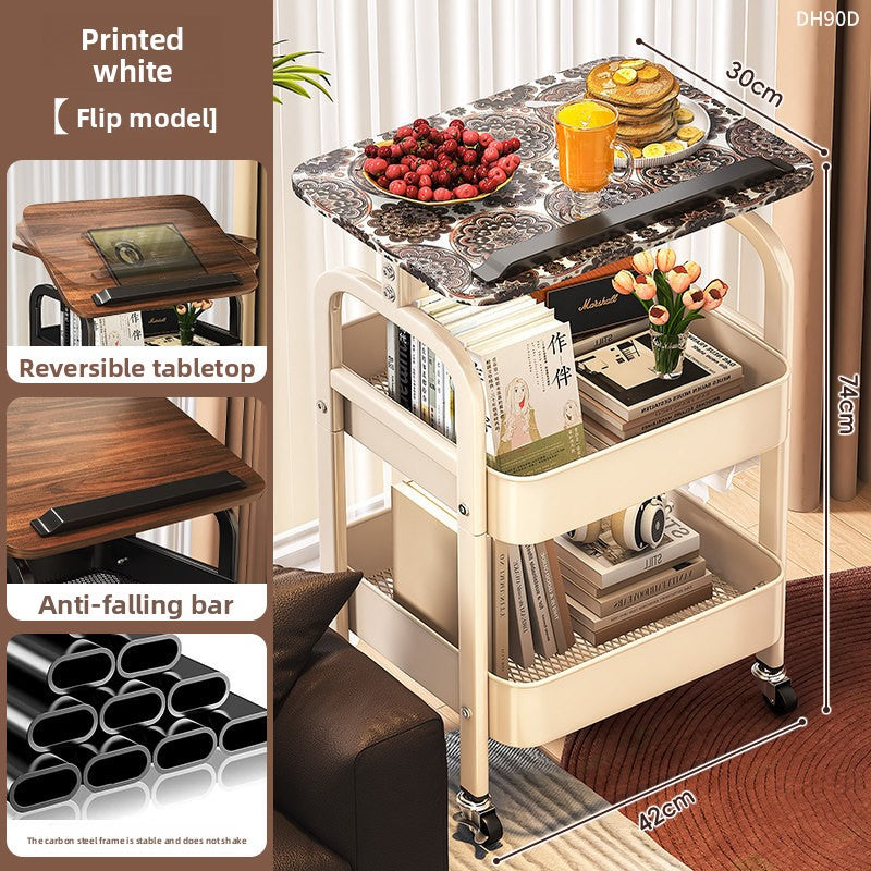 Multi-functional trolley with reversible tabletop and anti-falling bar, shown in various settings.