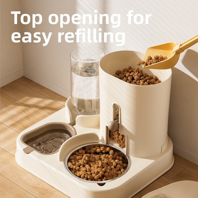 Pet feeding station with water bottle, bowls, and scoop on a wooden floor.