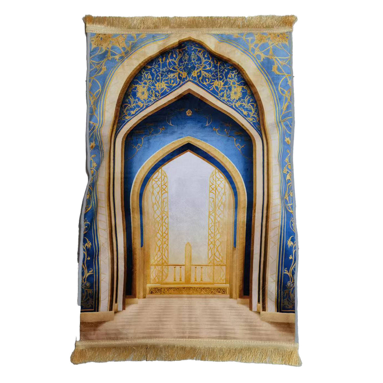 Decorative rug with arch design and blue and gold colors on a white background