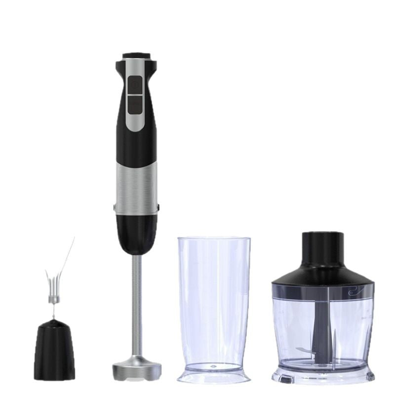 Hand blender with attachments on a white background