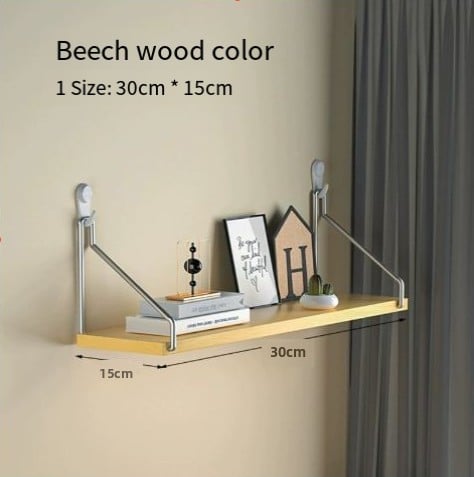 Wall-mounted shelf with dimensions labeled, featuring a beech wood color.