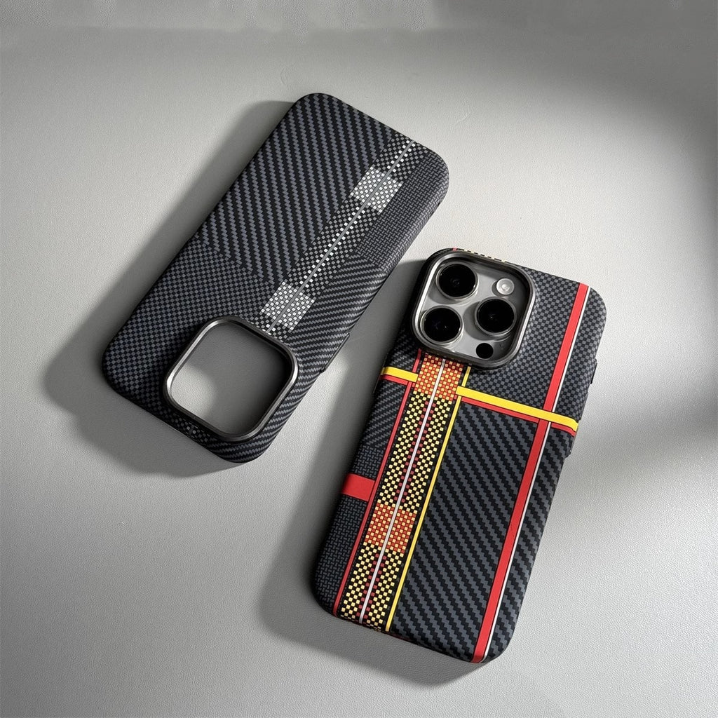 Two phone cases on a gray background, one with a carbon fiber pattern and the other with a colorful stripe design.