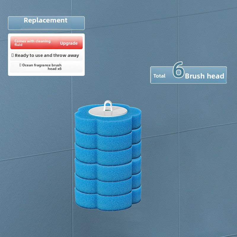 Stack of blue replacement brush heads with text on a blue background