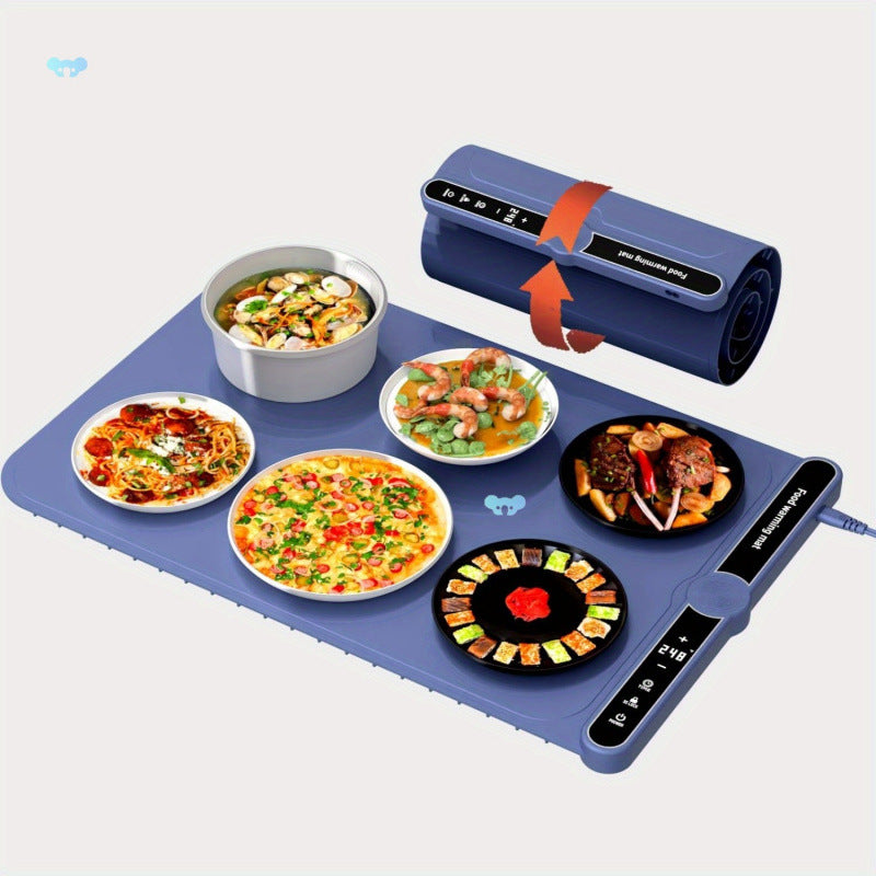 Portable electric hot plate with multiple food dishes on a white background