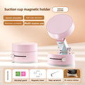 Pink suction cup magnetic holder with features listed on a beige background