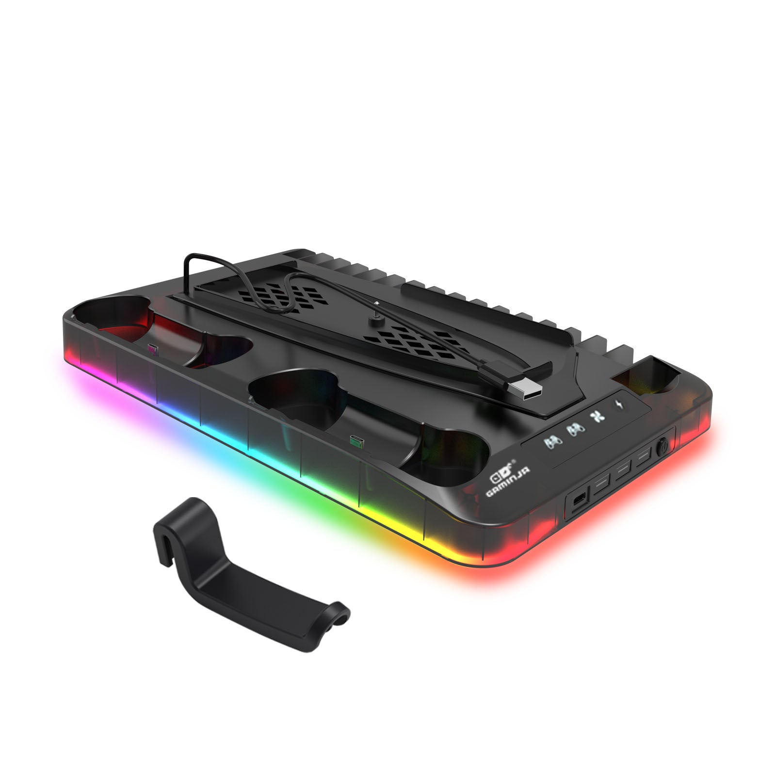 Gaming laptop cooler with RGB lighting on a white background