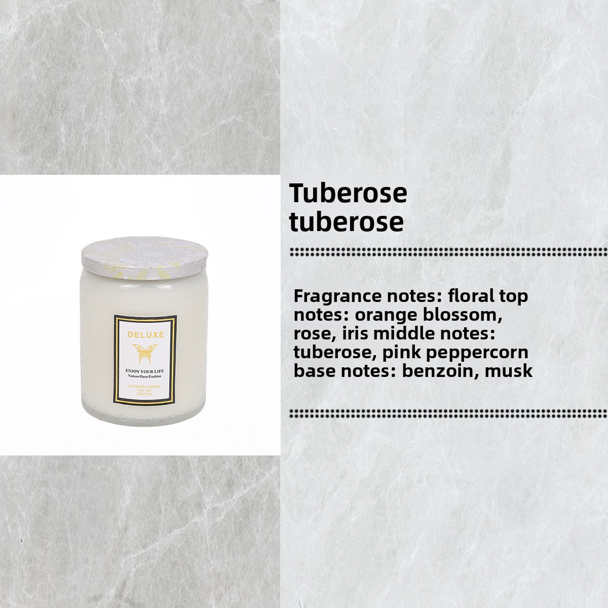 Candle with a label on a textured gray background