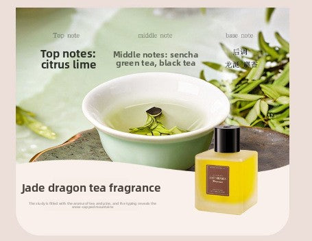 Jade Dragon Tea Fragrance bottle with tea leaves and a cup of tea on a light green background