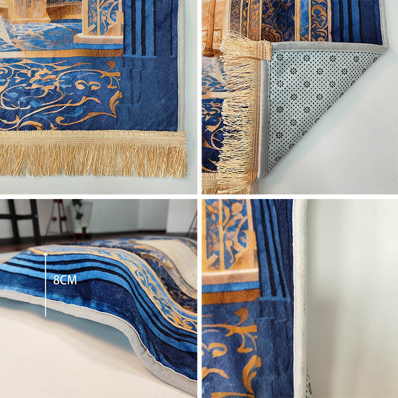 Blue and gold patterned rug with textured surface and visible brand name.