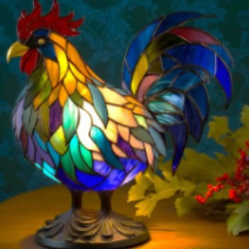 Colorful stained glass rooster lamp with a dark blue background