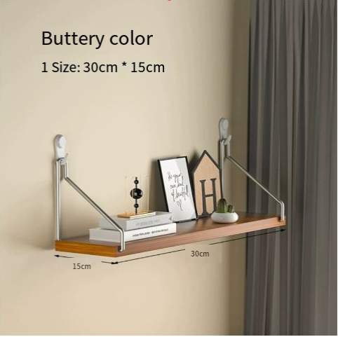 Wall-mounted shelf with dimensions labeled on a beige wall.