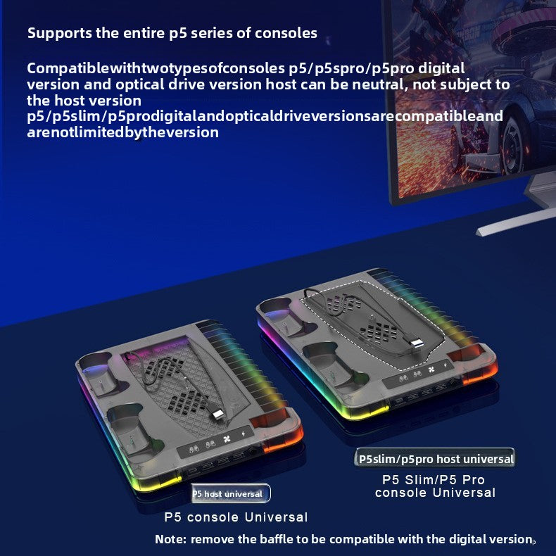 Two gaming consoles with RGB lighting on a blue background, featuring text about console compatibility.