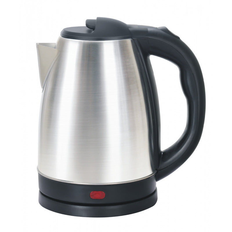 Stainless steel electric kettle with black handle on a white background