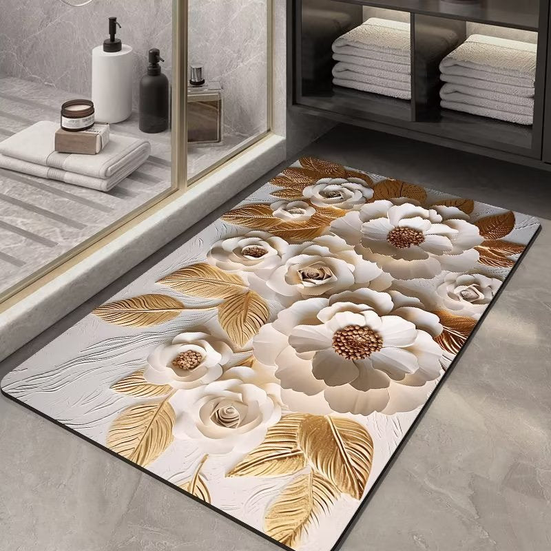 Floral patterned rug on a bathroom floor with towels and a mirror in the background.