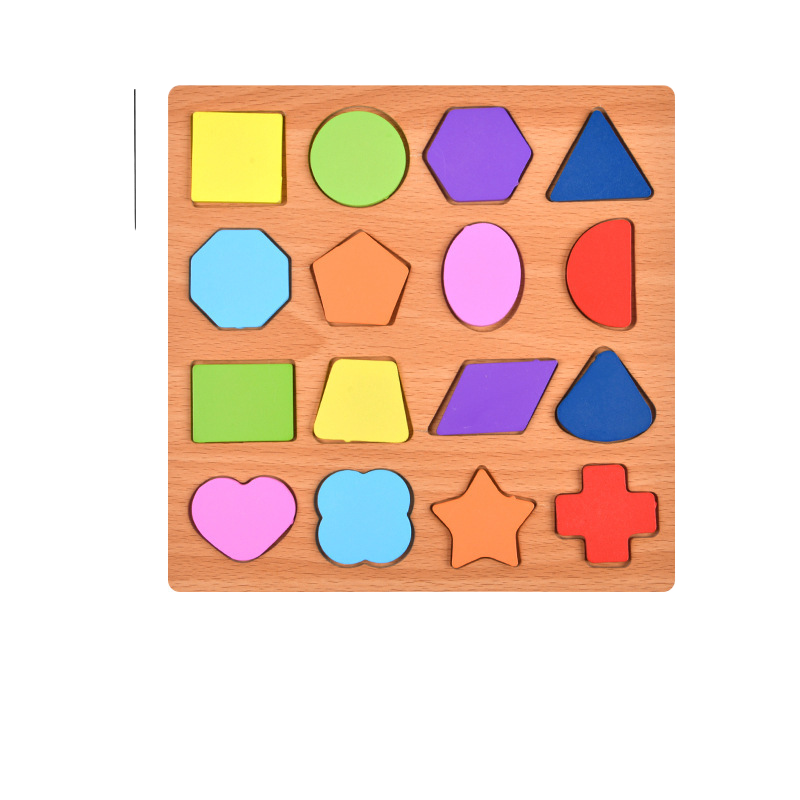 Wooden shape sorting puzzle with colorful geometric shapes on a white background