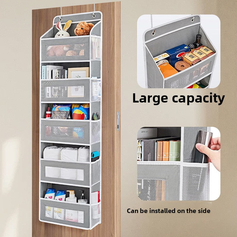 Multilevel storage organizer with various items on a wooden door, showing its capacity and ease of installation.