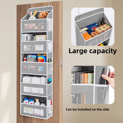 Multilevel storage organizer with various items on a wooden door, showing its capacity and ease of installation.