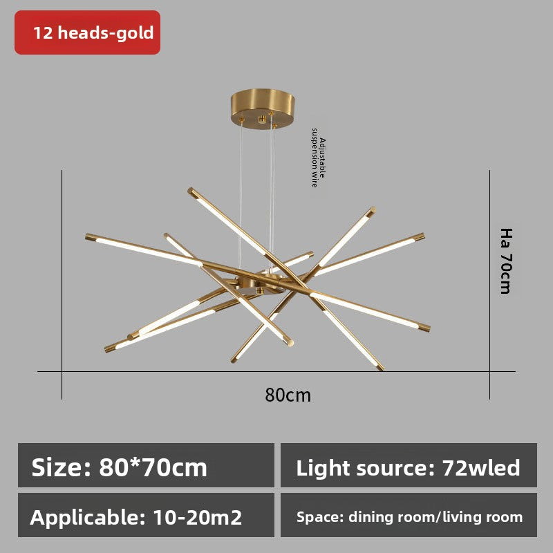 Gold chandelier with dimensions and specifications on a gray background