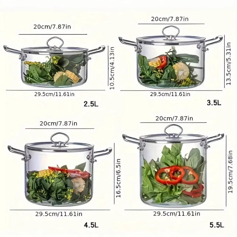 Glass cookware set with measurements and vegetable contents on a white background