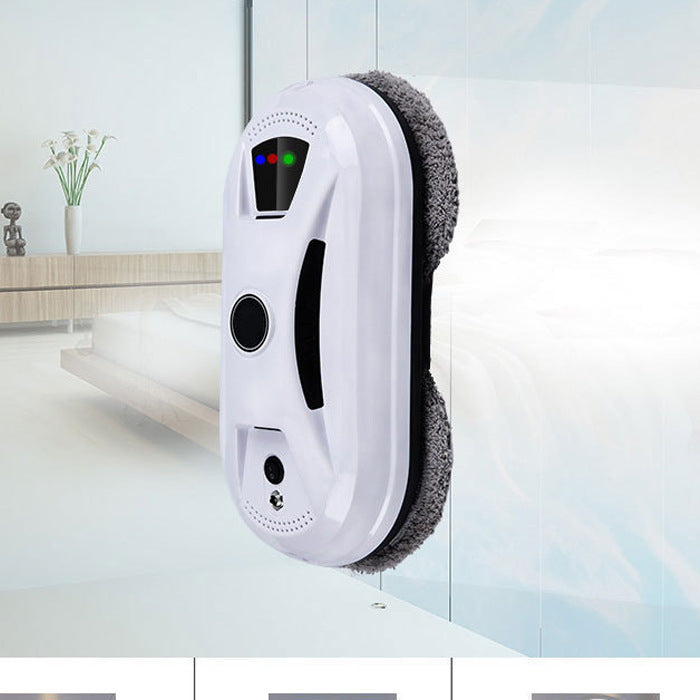 White cleaning robot with scrubber on a glass surface