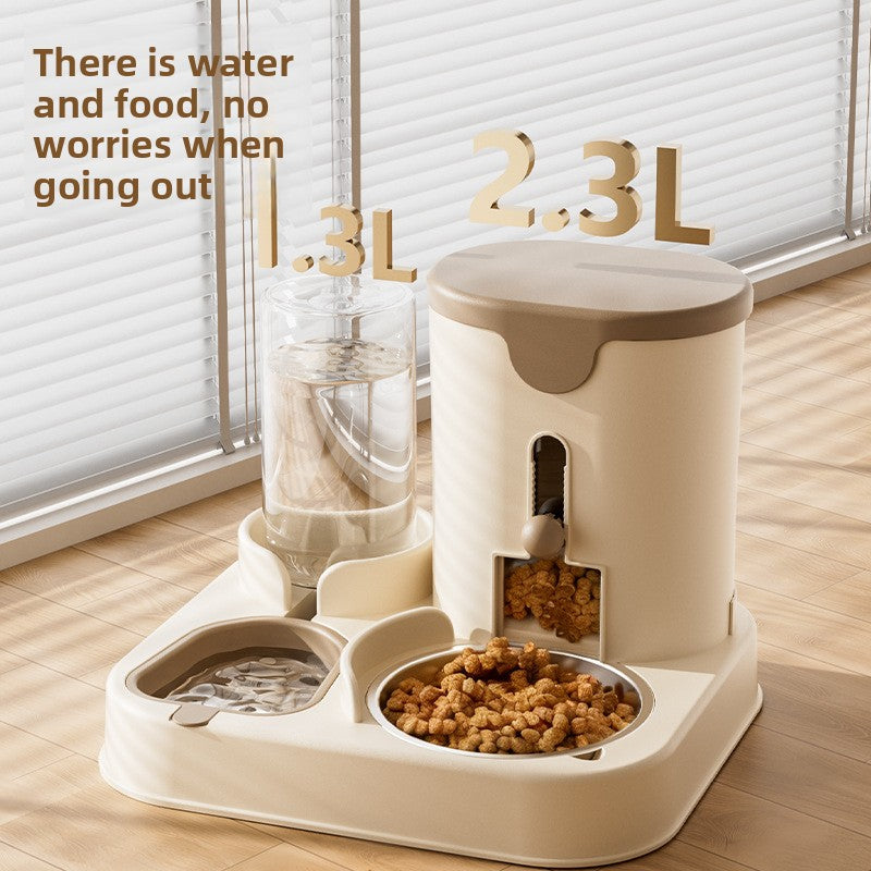 Pet feeding and water station with water and food containers on a wooden floor.