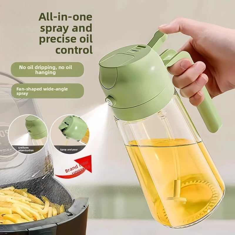 Green oil sprayer held by a hand with text highlighting features, used on fries.
