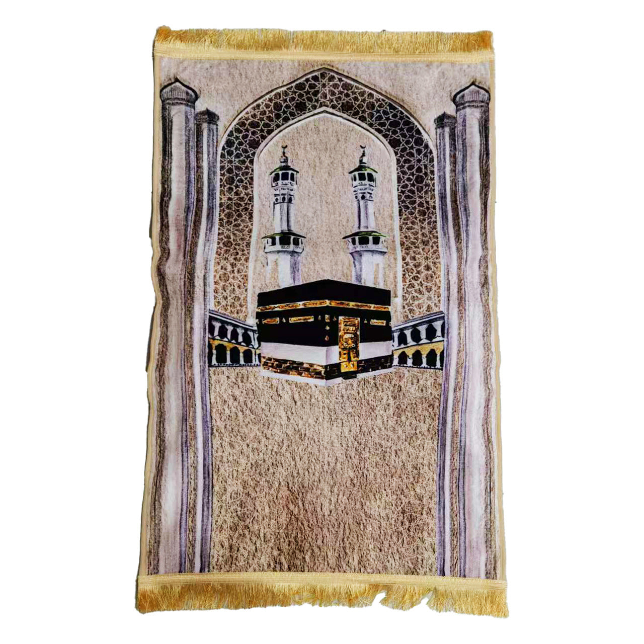 Prayer rug with a design of the Kaaba and minarets on a white background