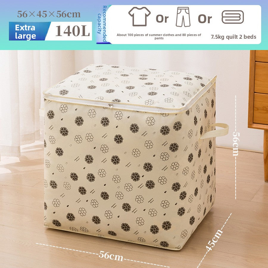 Large fabric storage basket with floral pattern on a wooden floor, showing dimensions and capacity details.