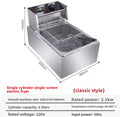 Stainless steel electric fryer with dimensions and specifications on a white background