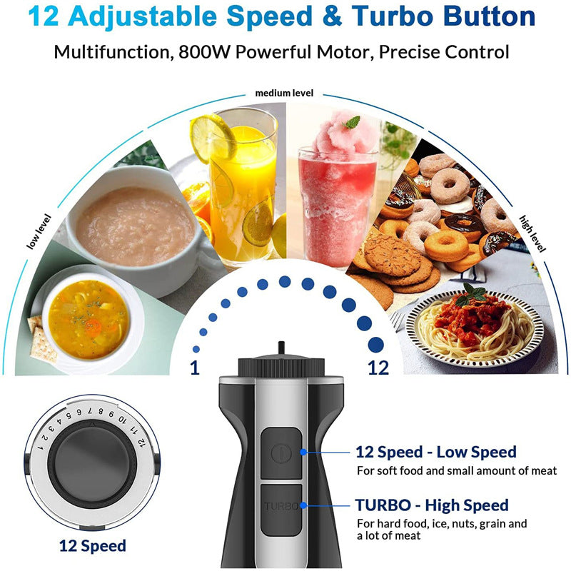 Multifunctional kitchen appliance with adjustable speed control and turbo button, shown with various food items and drinks.