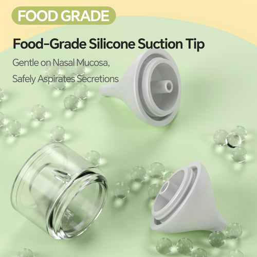 Food-grade silicone suction tip with text on a green background