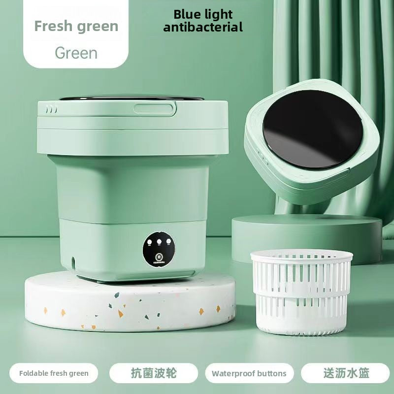 Green portable washing machine with features highlighted on a green background