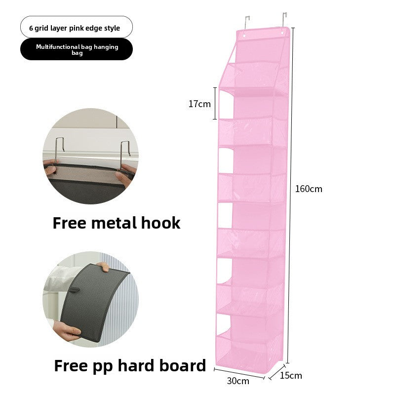 Pink hanging shoe organizer with measurements and features on a white background