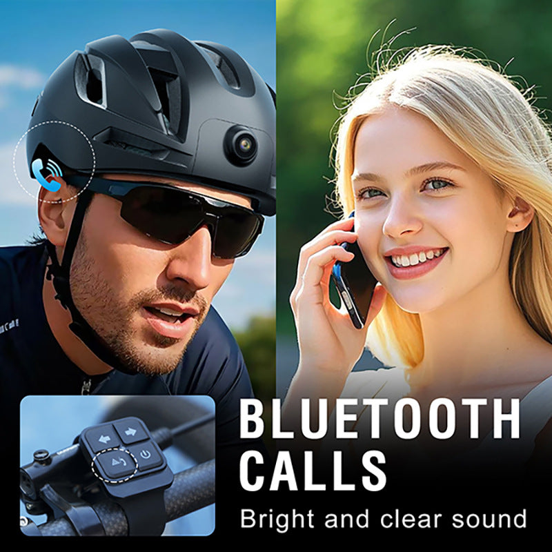 Man wearing a helmet with Bluetooth headset, woman on phone, and motorcycle control panel with text 'Bluetooth calls' and 'Bright and clear sound'.