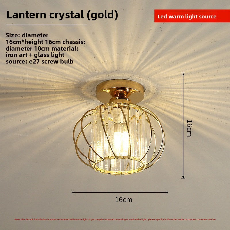 Gold lantern crystal ceiling light with dimensions and specifications on a white background