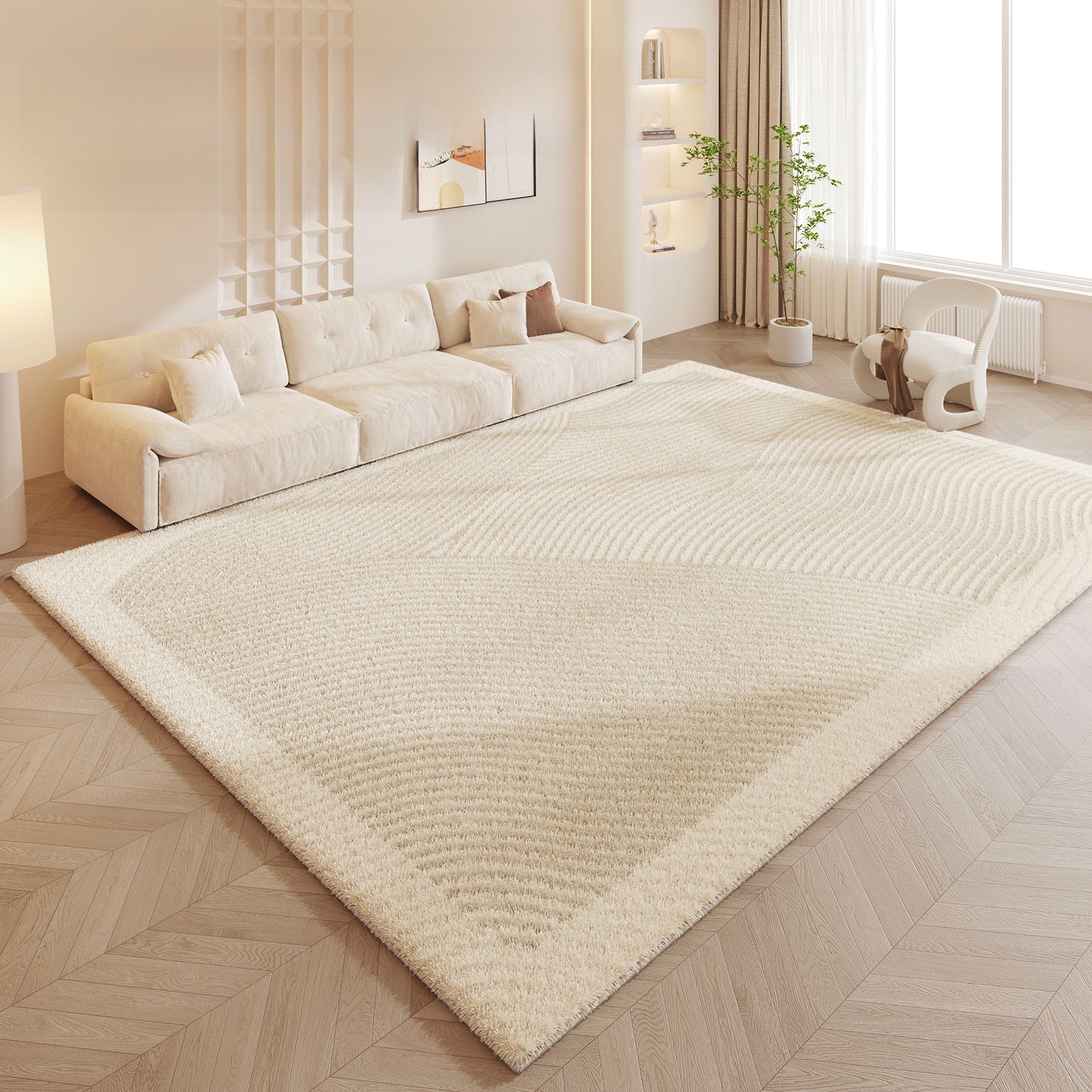 Beige rug on a wooden floor in a living room with a sofa and decor.