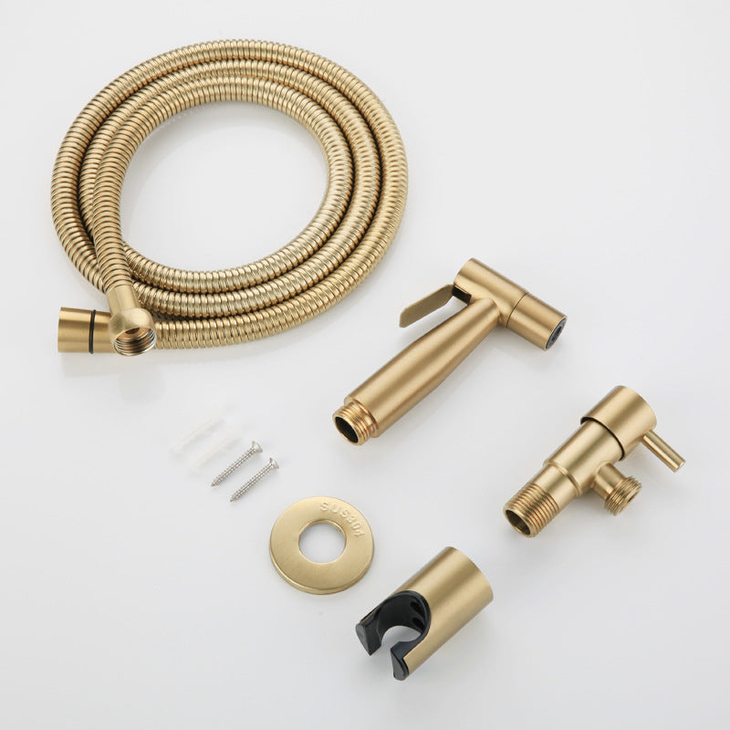 Gold bathroom faucet kit with hose and components on a white background