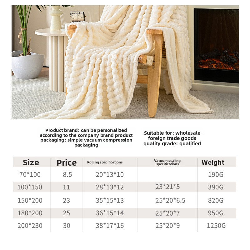White blanket draped over a chair in a cozy living room setting with product details overlay.