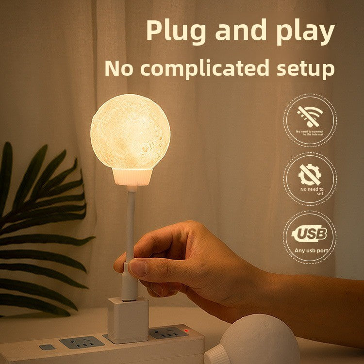 Hand holding a USB light bulb with text 'Plug and play, No complicated setup' on a neutral background.