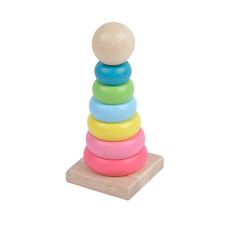 Colorful wooden stacking toy with a white background