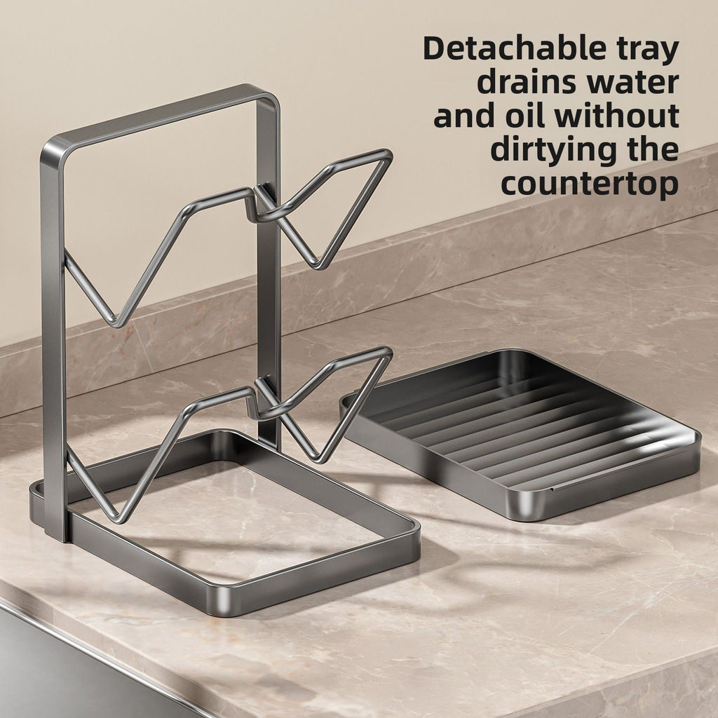 Detachable tray with stand on a countertop, draining water and oil without dirtying the surface.