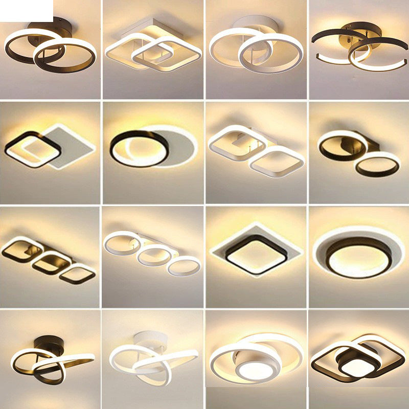 Grid of various modern ceiling lights on a neutral background