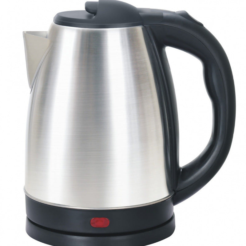 Stainless steel electric kettle with black handle on a white background